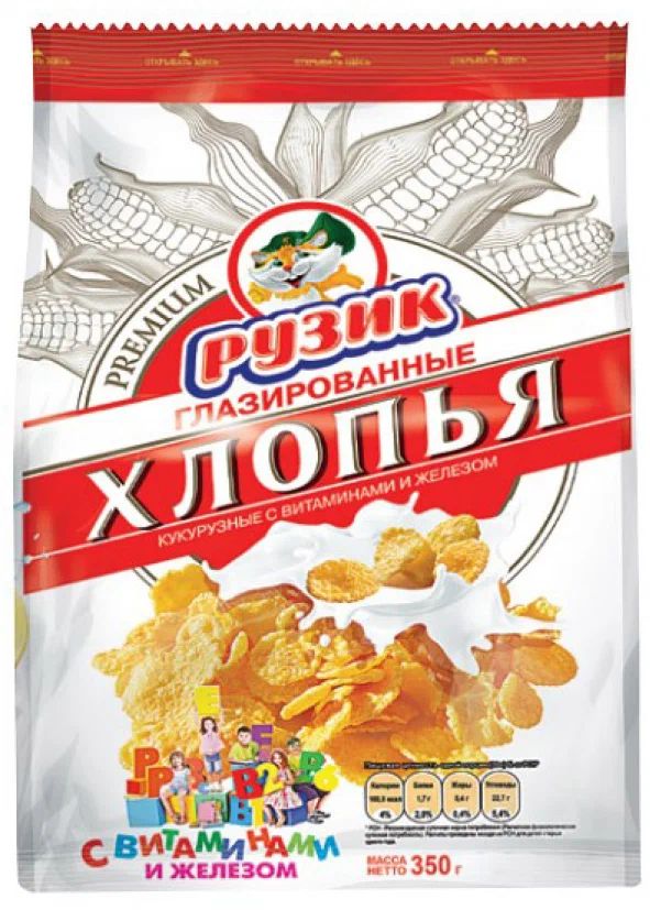 ХЛОПЬЯ КУКУРУЗНЫЕ НЕГЛАЗИРОВАННЫЕ РУЗИК 350ГР